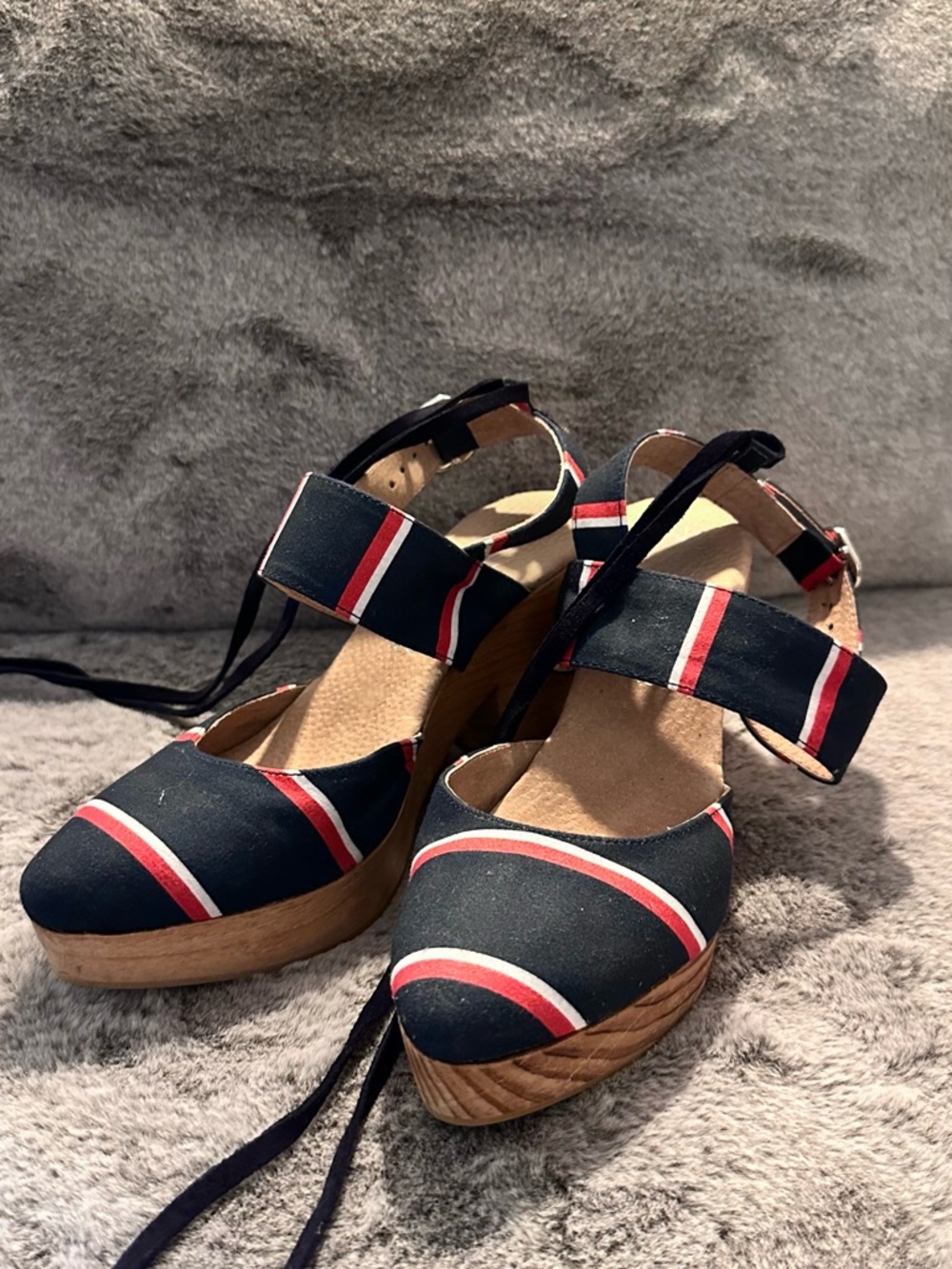 Free People Navy Wedge Espadrilles with Red & White Stripes
